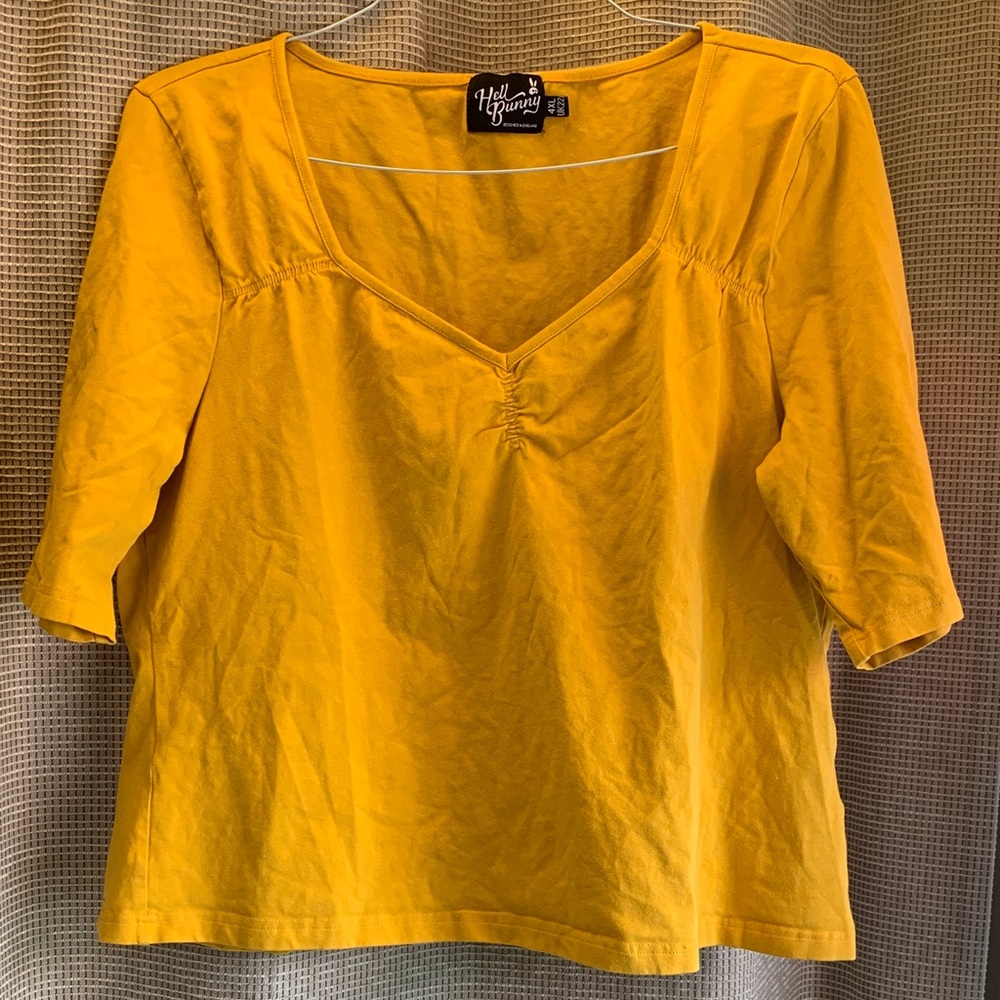 Hell Bunny Mustard Yellow V-Neck Short Sleeve Top